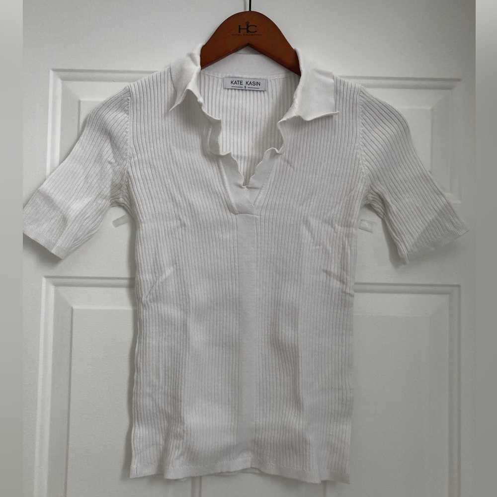 Ribbed Sweater Polo Shirt w/ Decorative Neckline